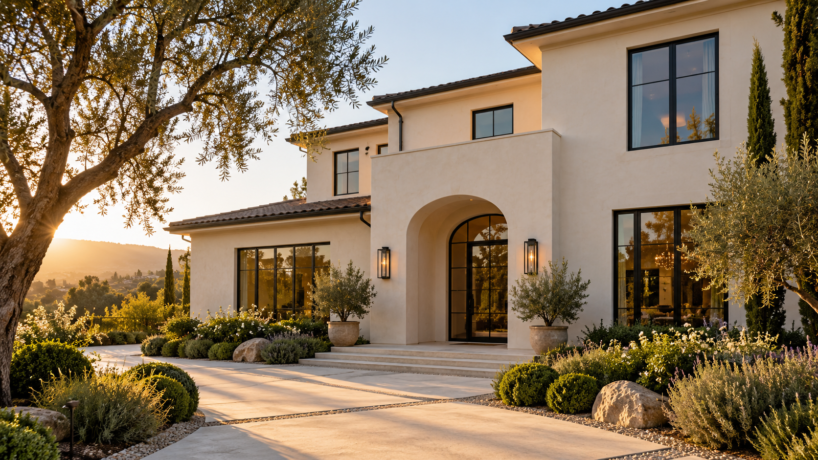 Illustrative modern residence with a smooth cream stucco exterior
